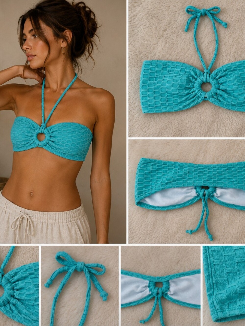 Turquoise Blue Size M Textured Halter Bikini Top Unbranded
